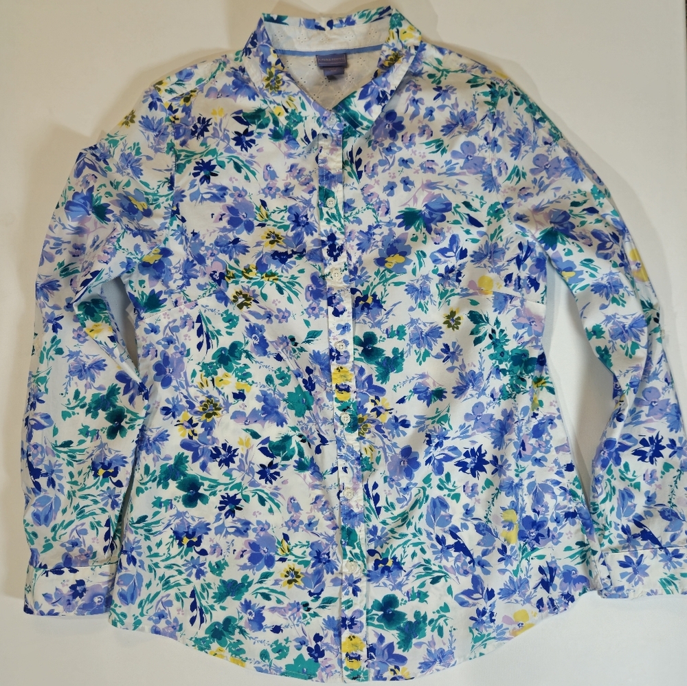 Laura Scott Blouse Womens Medium Blue Yellow Floral Cottagecore‎ Button Up Shirt